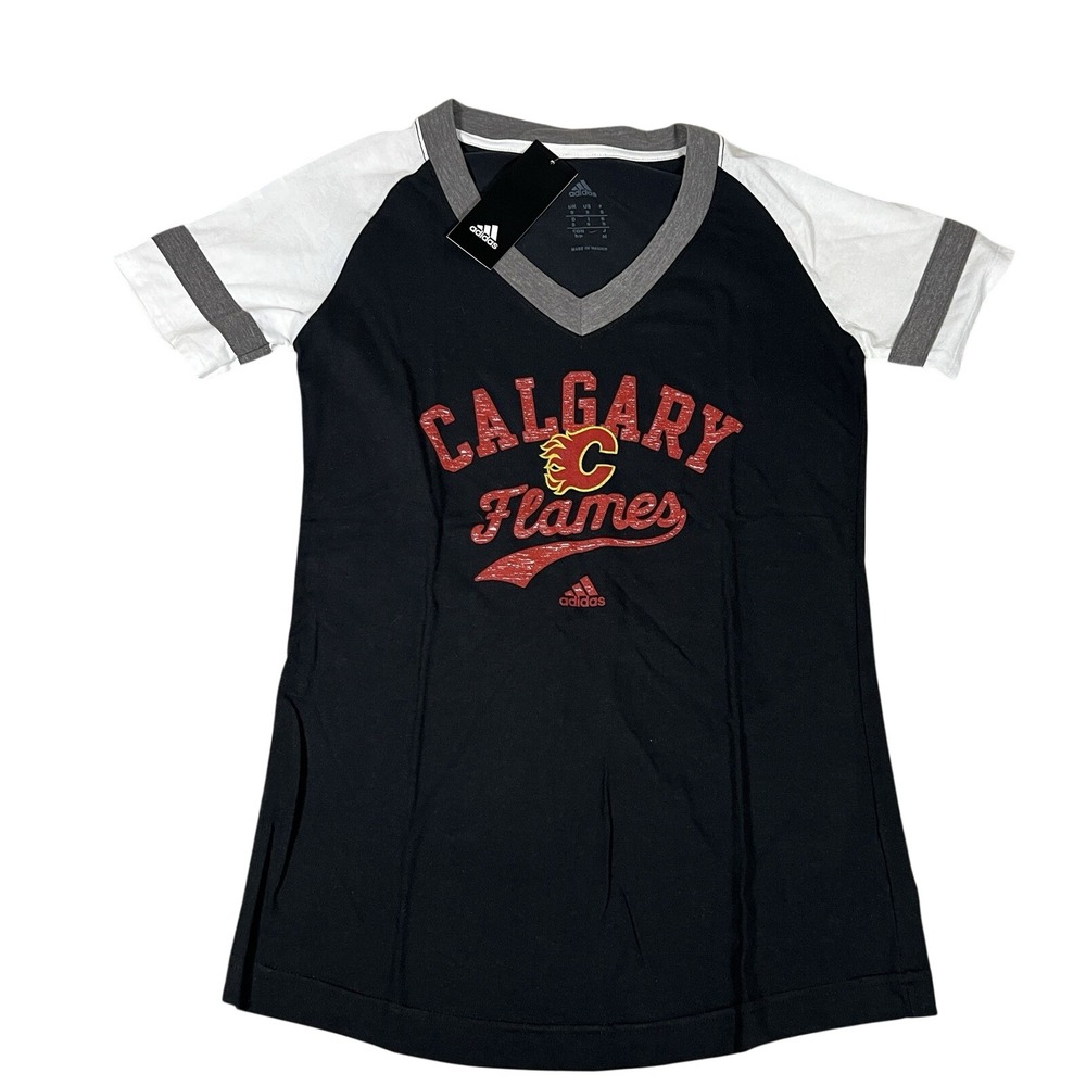 Adidas Calgary Flames NHL Womens Small Black White Raglan V-Neck T-Shirt NWT